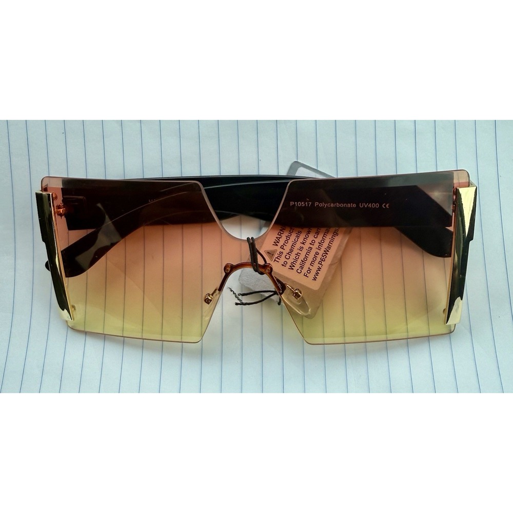 Oversized Flat Top Shield Sunglasses Orange Ombre Gradient Gold Trim UV400 RAVE